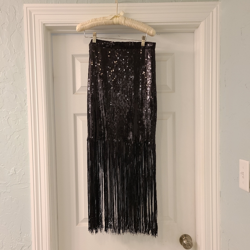 CHRYSANTHEMUM WOMEN'S BLACK FRINGE SEQUIN SKIRT